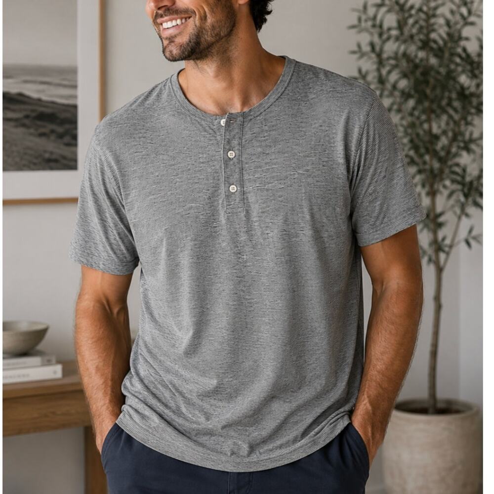 Vince Men’s Gray Heather Stripe Short Sleeve Henley Shirt Size XXL Modal Blend